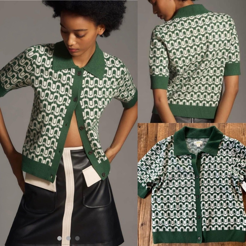 Anthropologie Maeve Green and White Patterned Cardigan, nwt, size xl